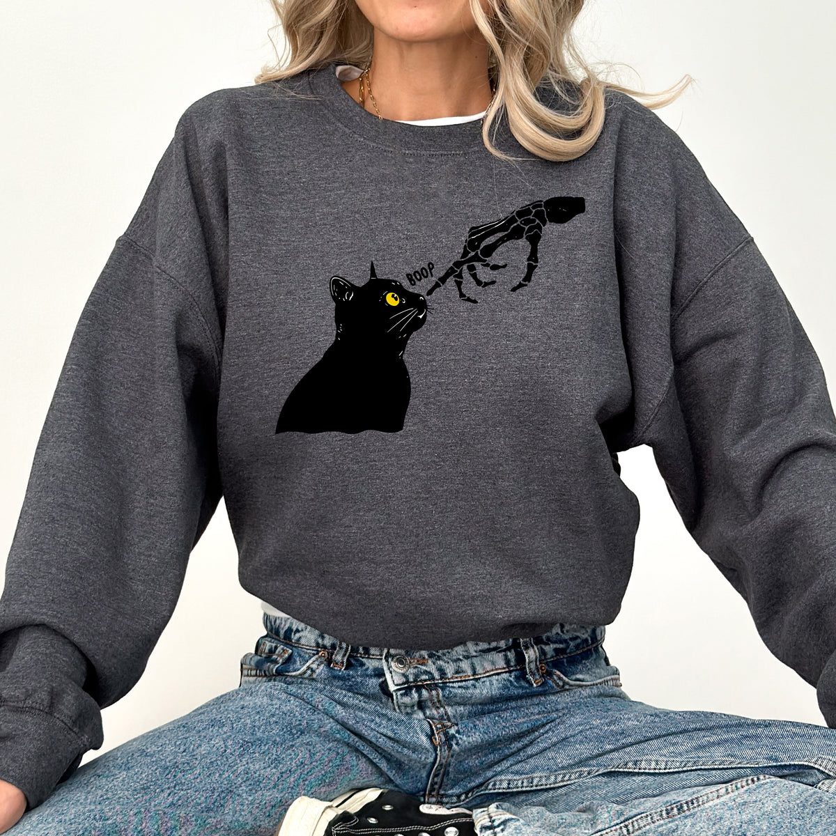 Boop Cat Skeleton Ghost Halloween Western Vintage Pumpkin Retro Spooky Graphic Sweatshirt