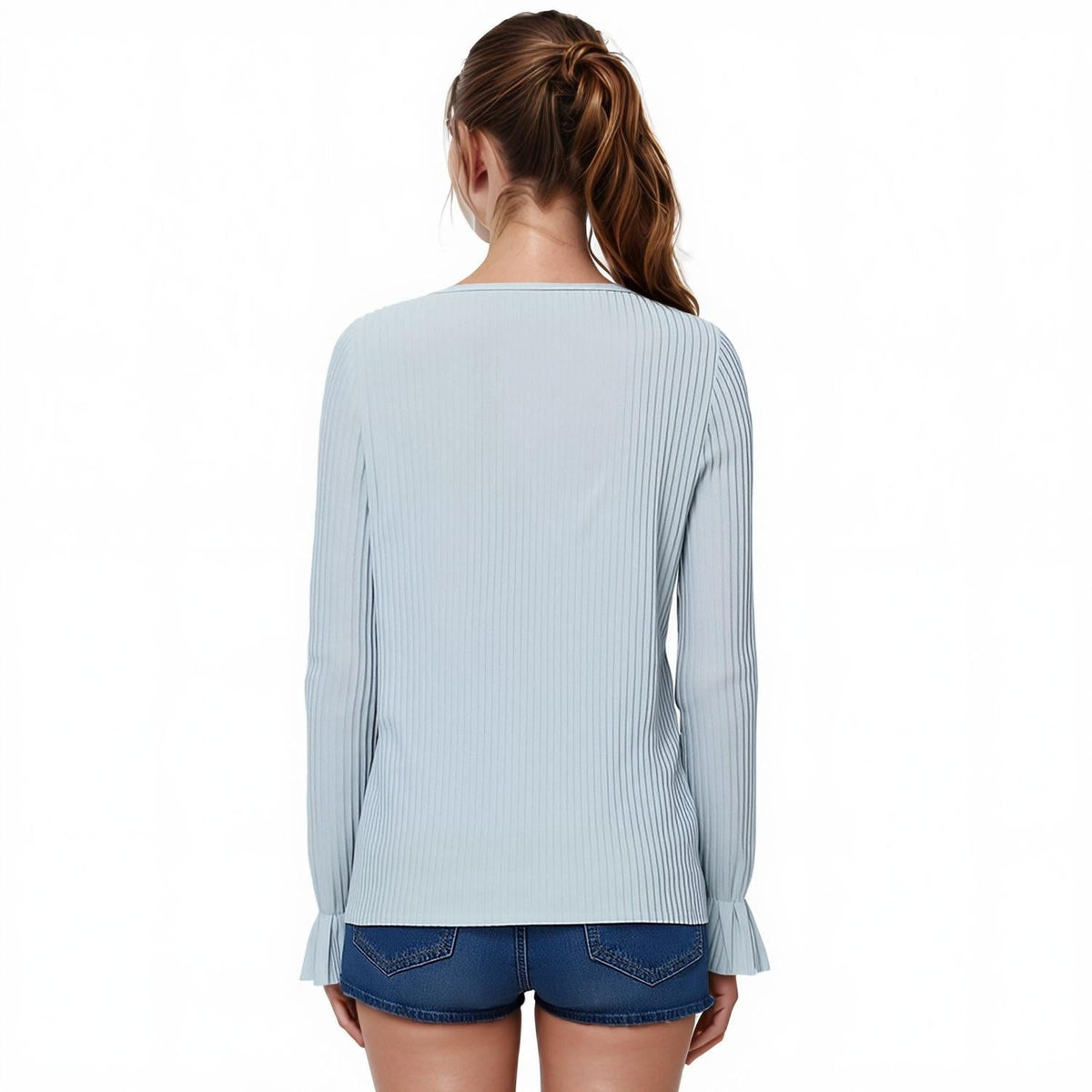 Pleione Ribbed Knit Top With Gathered Bell Cuff