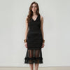 Women's Sleeveless V-neck Sheer Ruffle Hem Bodycon Dress In Black