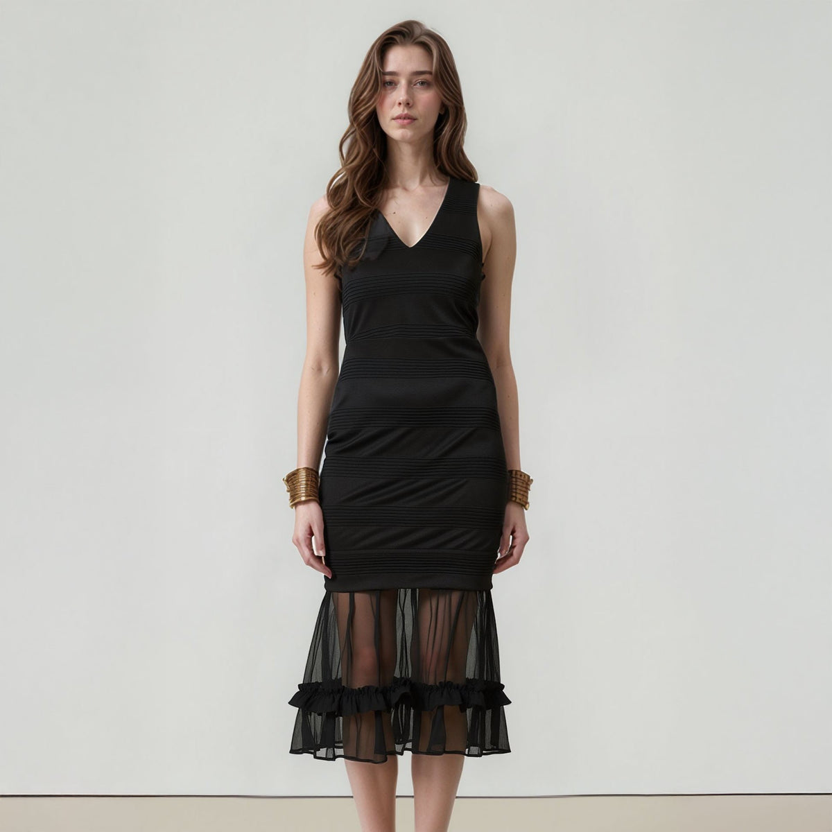 Women's Sleeveless V-neck Sheer Ruffle Hem Bodycon Dress In Black