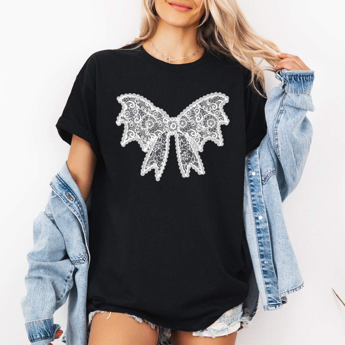 Lace Bow Halloween Goth Coquette Ribbon Faux Lace Victorian Inspired Patchwork Embellishment Graphic Tee