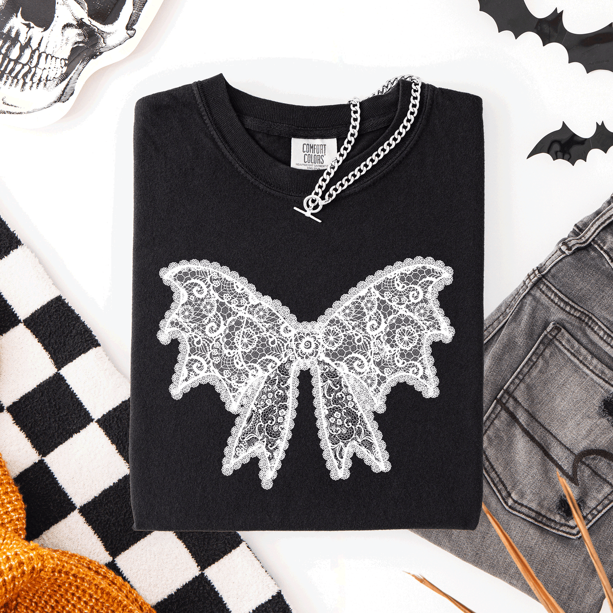 Lace Bow Halloween Goth Faux Lace Ribbon Coquette Silhouette Across The Night Comfort Colors Tee