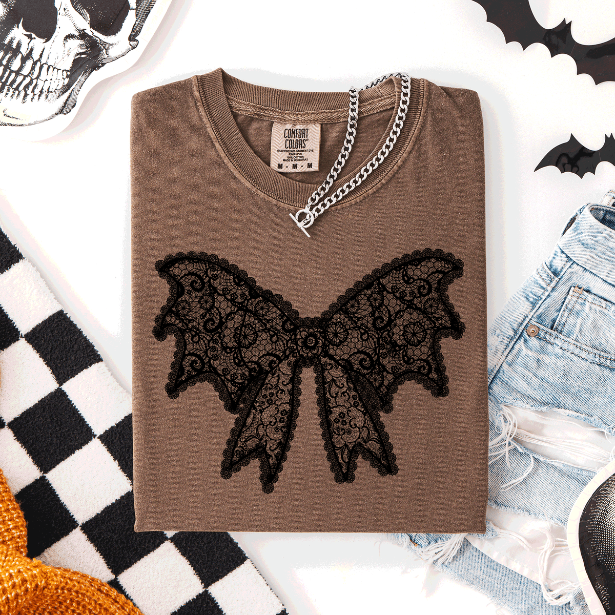 Lace Bow Halloween Goth Faux Lace Ribbon Coquette Silhouette Across The Night Comfort Colors Tee
