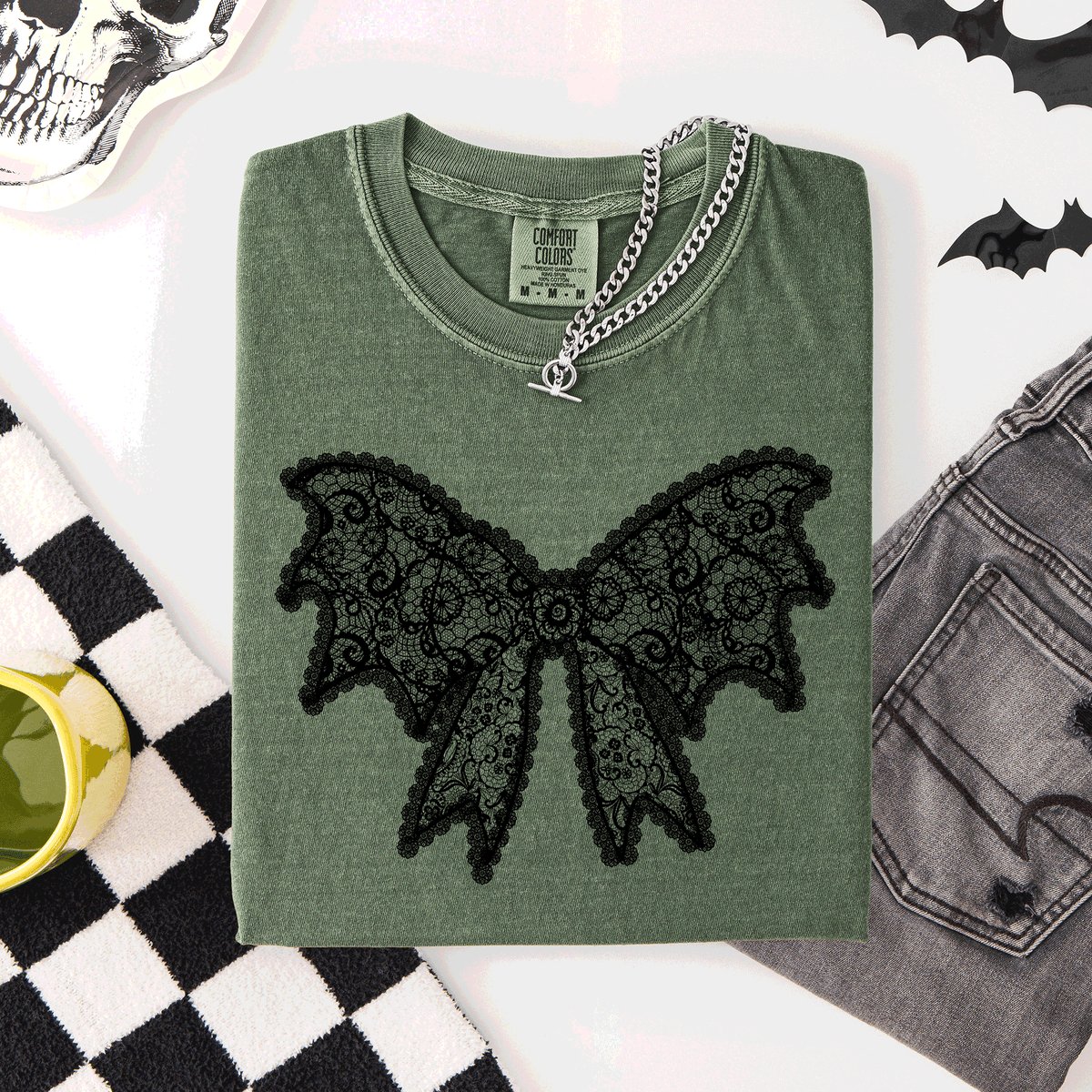 Lace Bow Halloween Goth Faux Lace Ribbon Coquette Silhouette Across The Night Comfort Colors Tee
