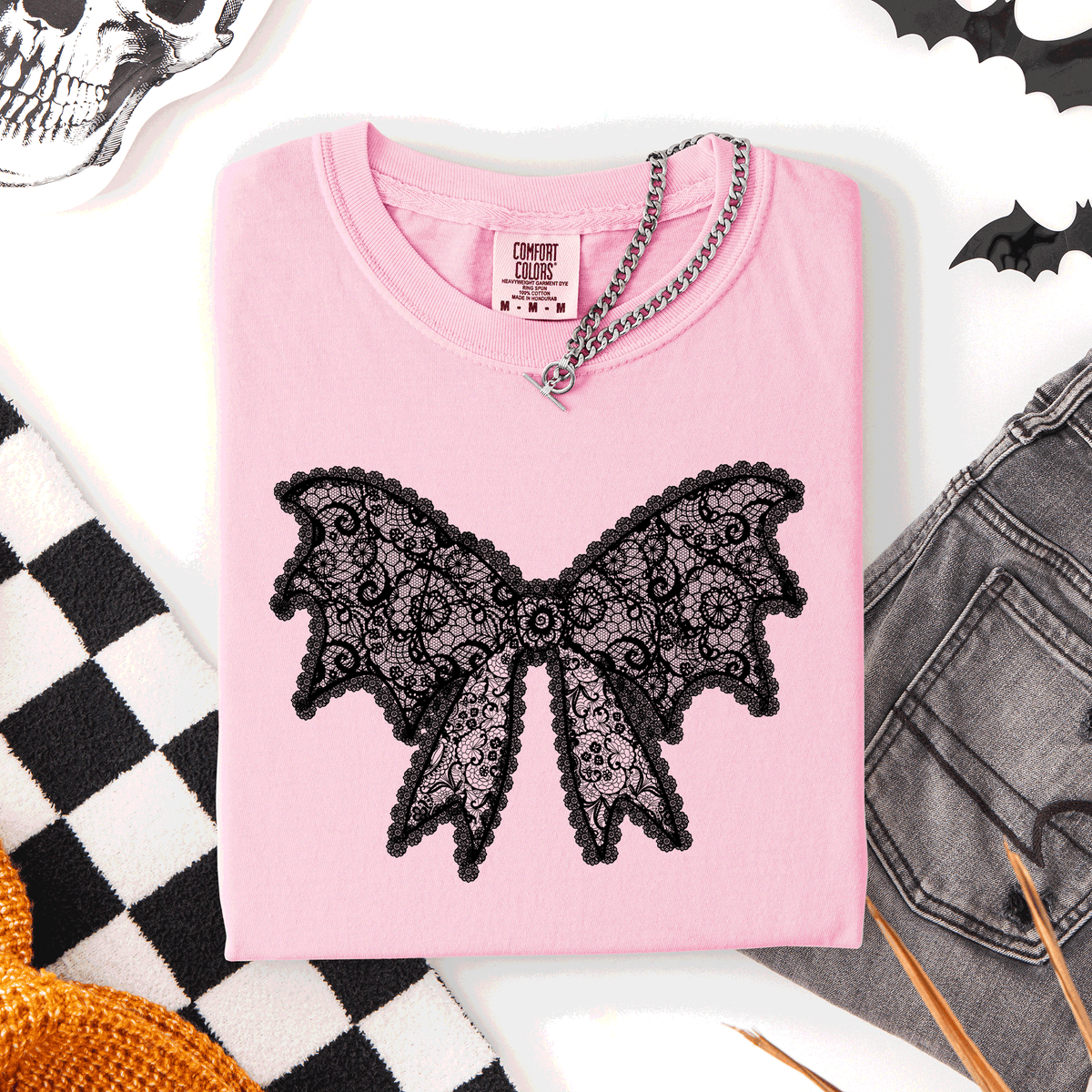 Lace Bow Halloween Goth Faux Lace Ribbon Coquette Silhouette Across The Night Comfort Colors Tee
