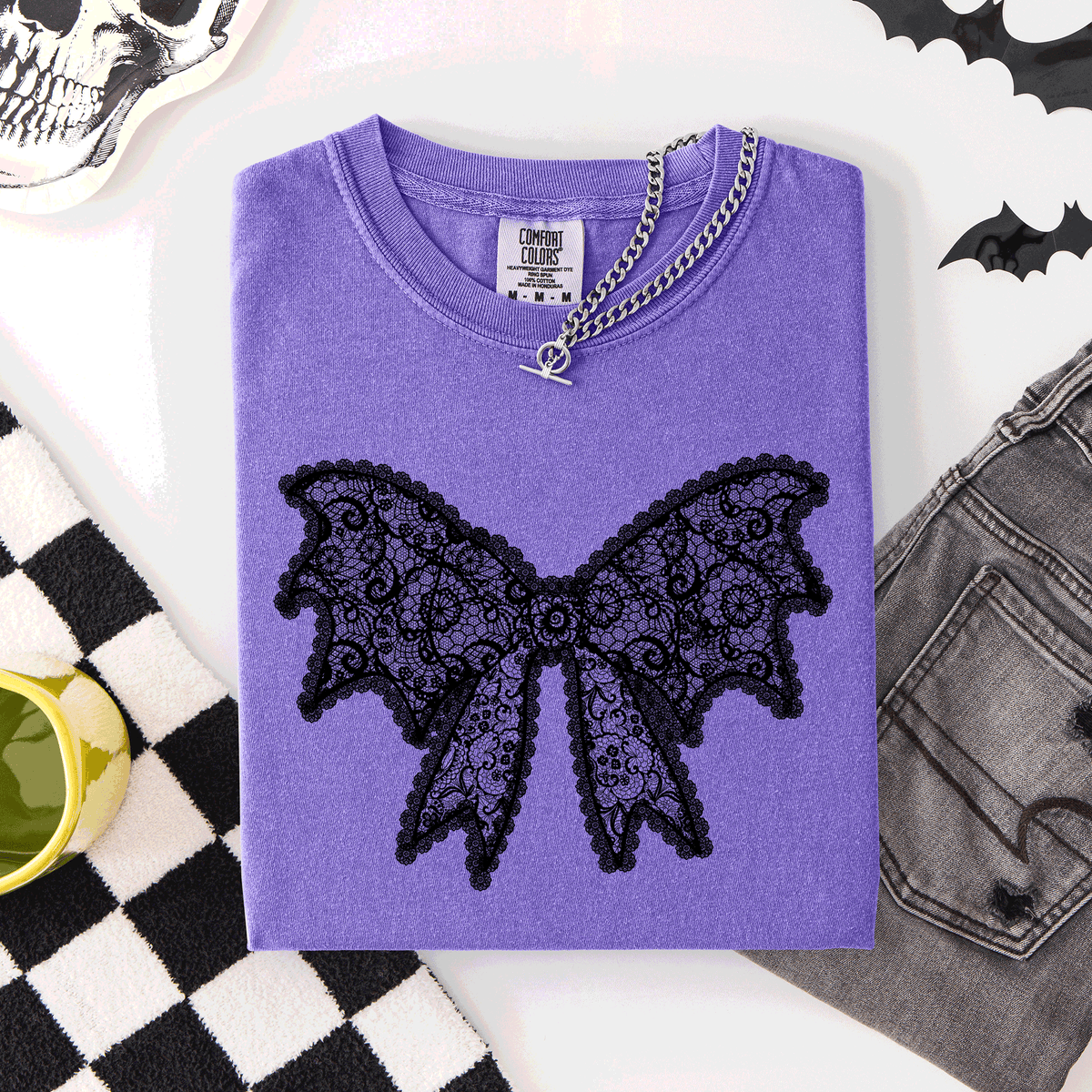 Lace Bow Halloween Goth Faux Lace Ribbon Coquette Silhouette Across The Night Comfort Colors Tee