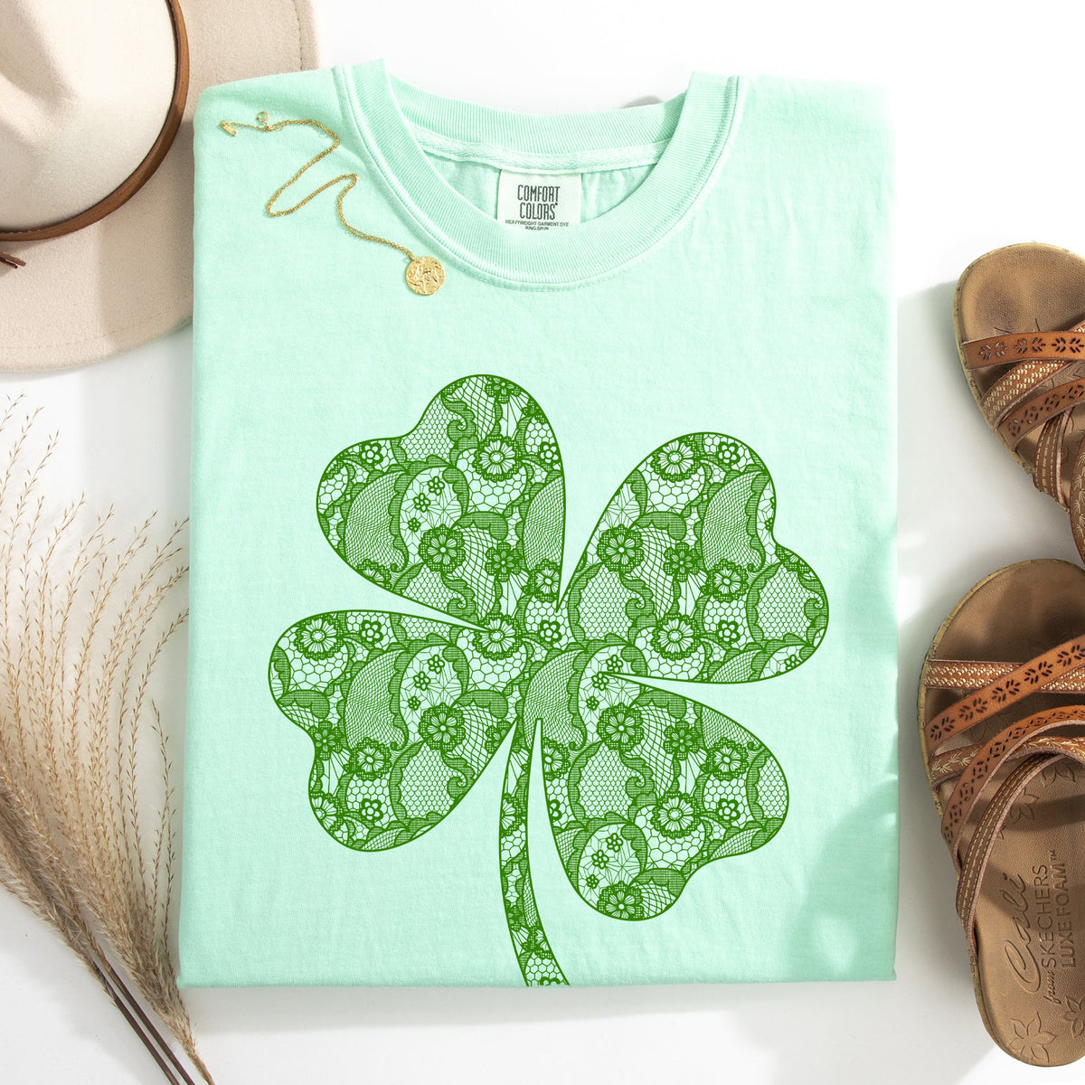 Lace Coquette Shamrock Clover Lucky Leprechaun St Patrick's Day Comfort Colors Tee