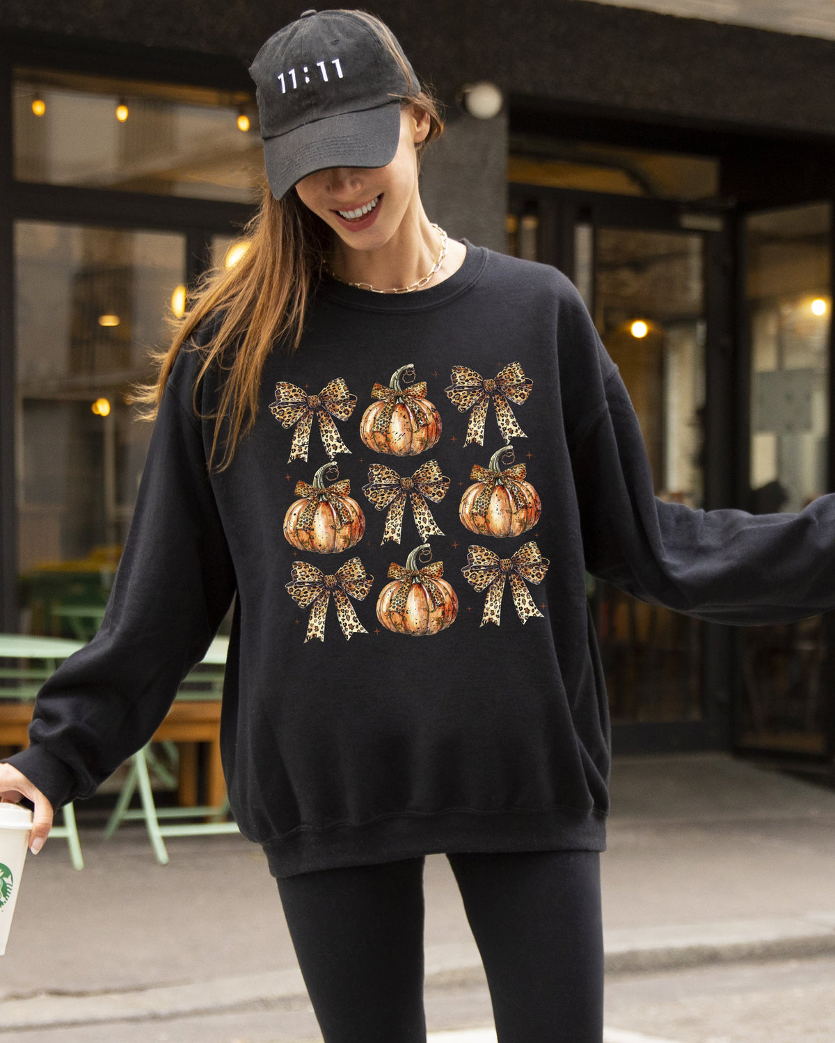 Leopard Print Pumpkins With Coquette Ribbons And Bows Halloween Autumn Sweatshirt