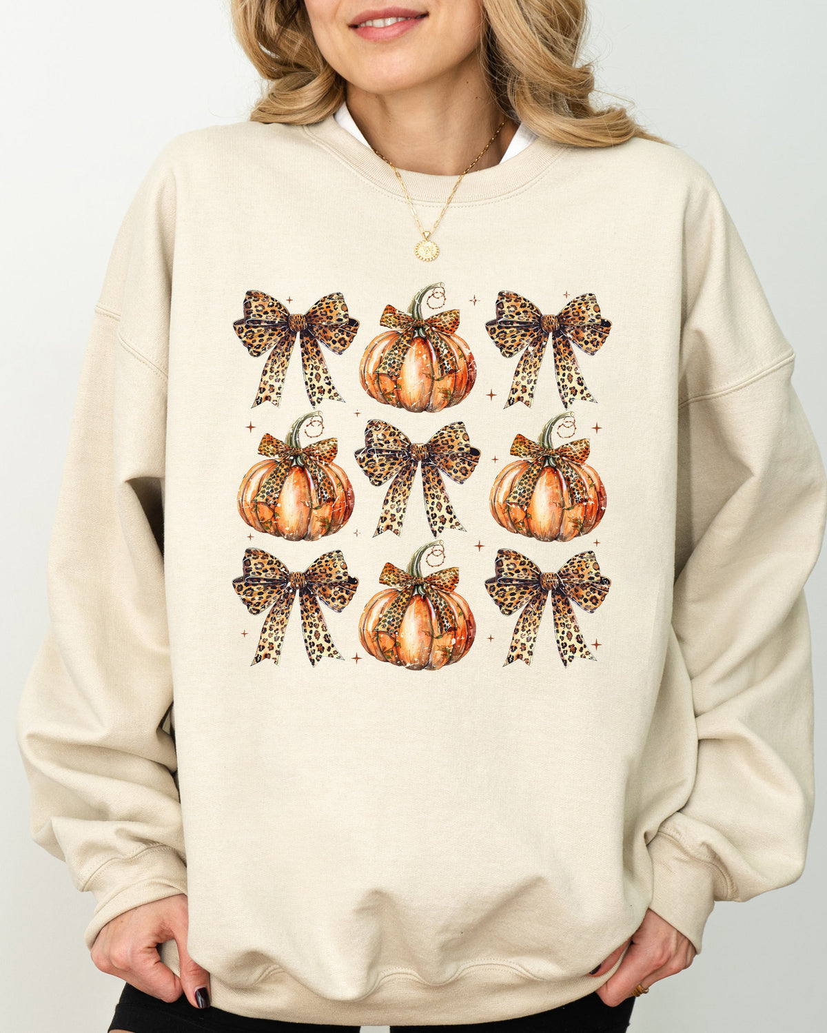 Leopard Print Pumpkins With Coquette Ribbons And Bows Halloween Autumn Sweatshirt