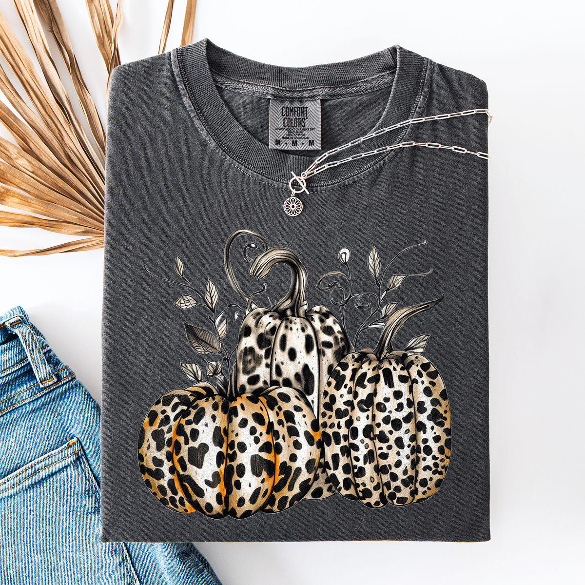Leopard Print Pumpkins Watercolor Bouquet Autumn Halloween Scene Comfort Colors Tee