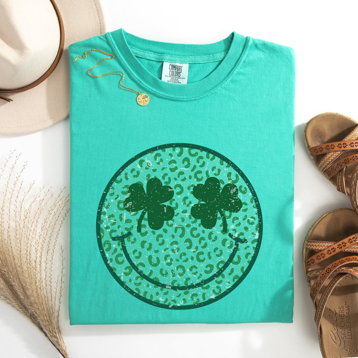 Leopard Print Smiley Retro St Patrick's Day Shamrock Clover Lucky Leprechaun Comfort Colors Tee