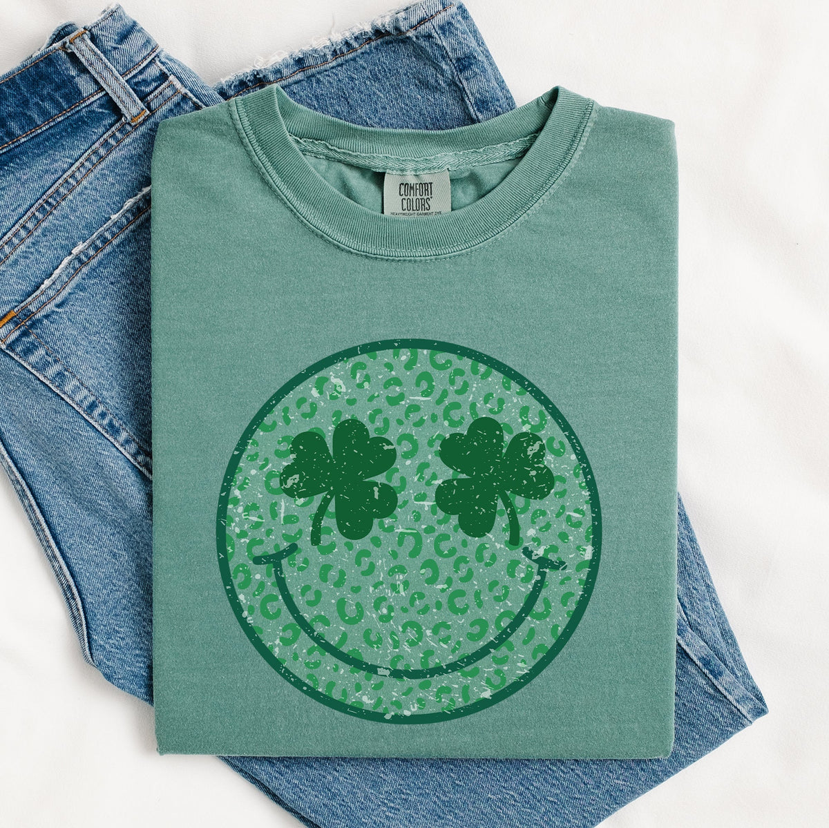 Leopard Print Smiley Retro St Patrick's Day Shamrock Clover Lucky Leprechaun Comfort Colors Tee