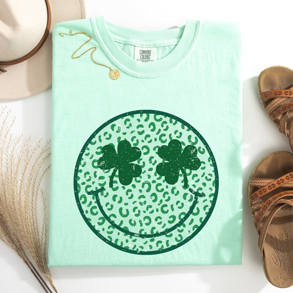 Leopard Print Smiley Retro St Patrick's Day Shamrock Clover Lucky Leprechaun Comfort Colors Tee