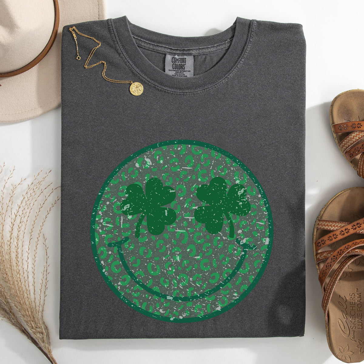 Leopard Print Smiley Retro St Patrick's Day Shamrock Clover Lucky Leprechaun Comfort Colors Tee