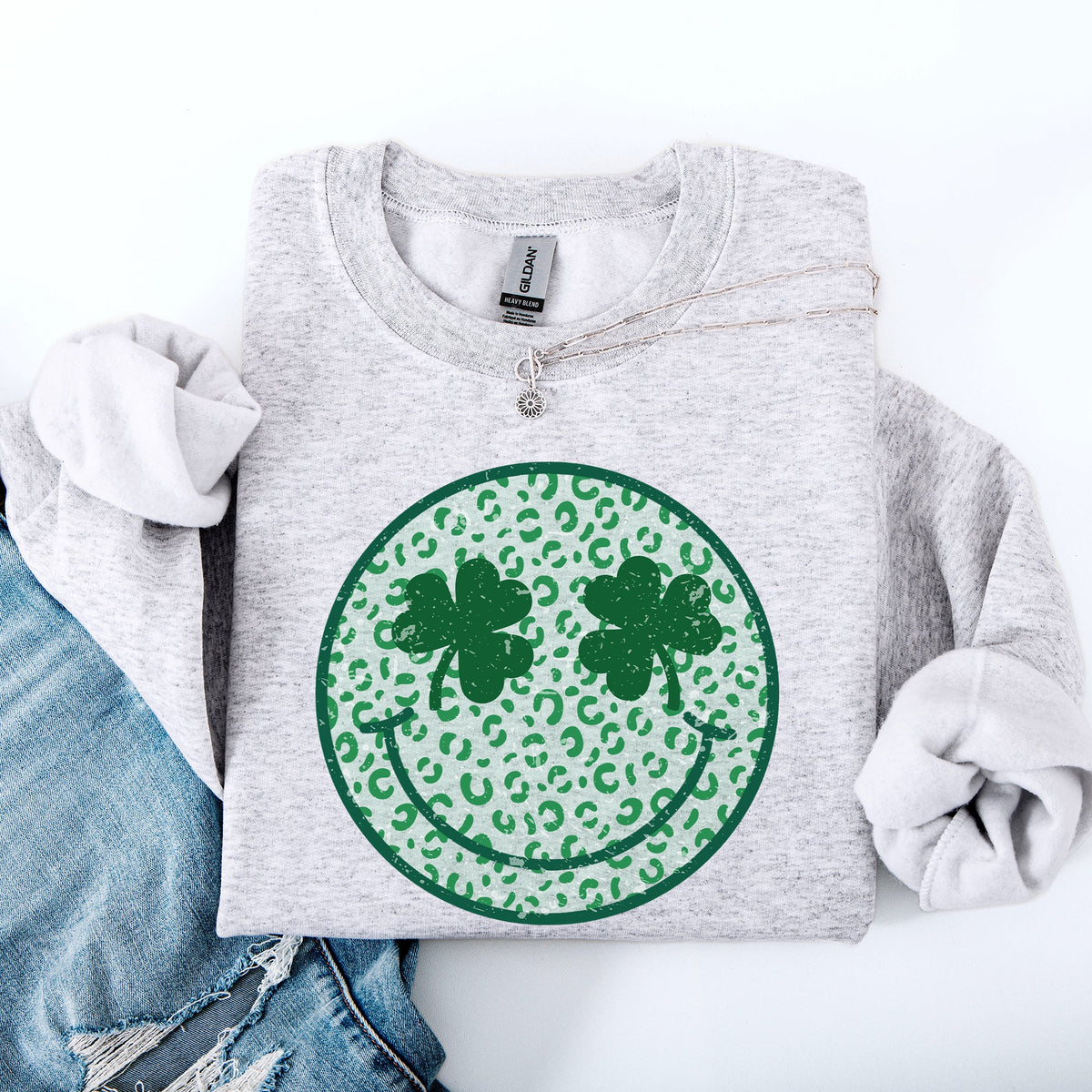 Leopard Print Smiley Retro Shamrock Clover Lucky Leprechaun St Patrick's Day Sweatshirt