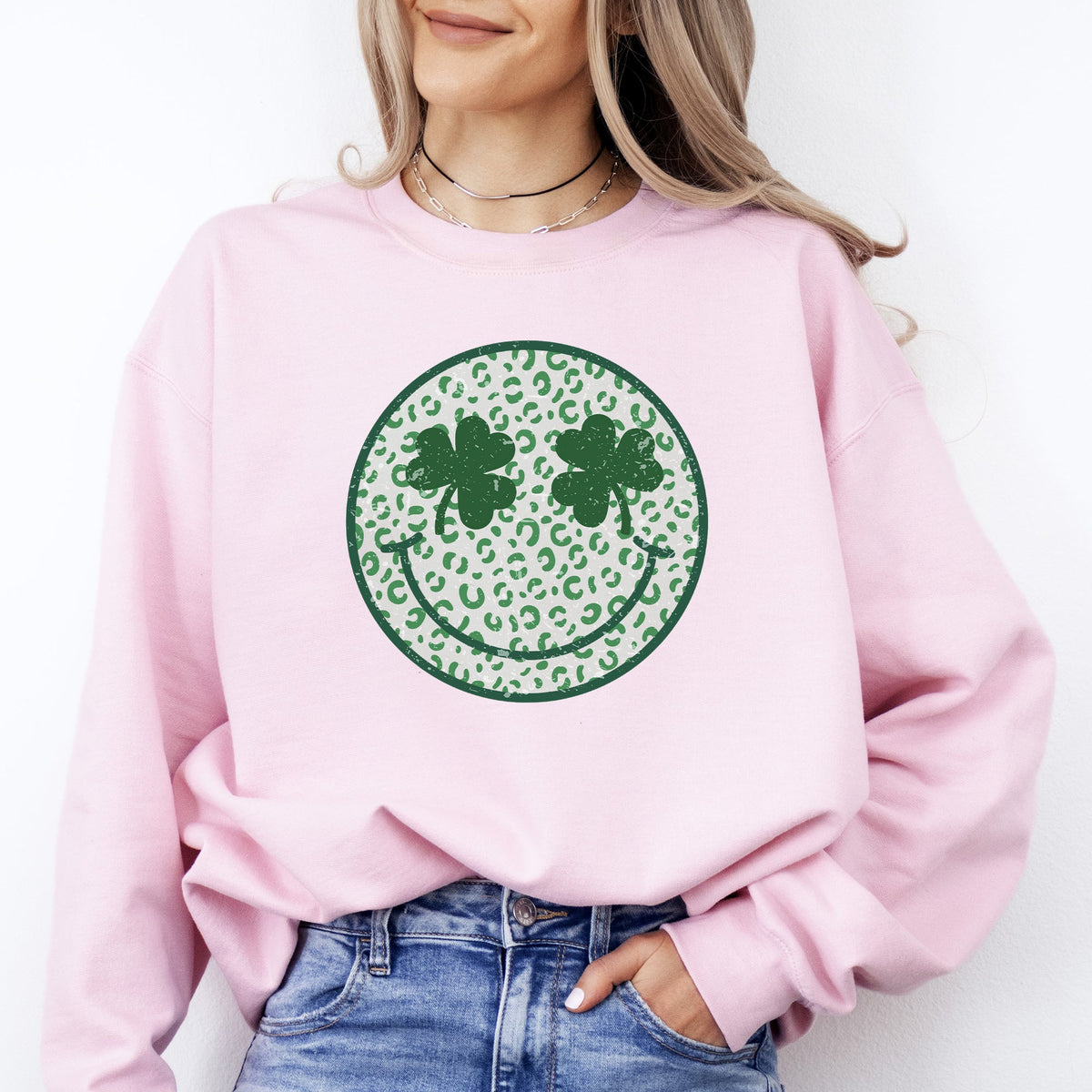 Leopard Print Smiley Retro Shamrock Clover Lucky Leprechaun St Patrick's Day Sweatshirt