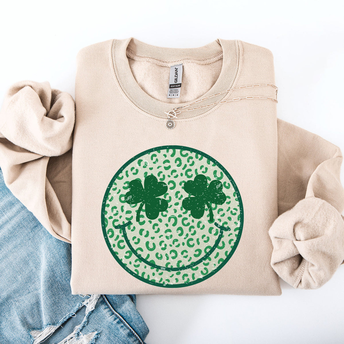Leopard Print Smiley Retro Shamrock Clover Lucky Leprechaun St Patrick's Day Sweatshirt