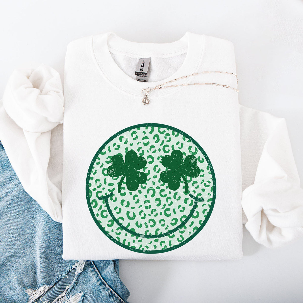 Leopard Print Smiley Retro Shamrock Clover Lucky Leprechaun St Patrick's Day Sweatshirt