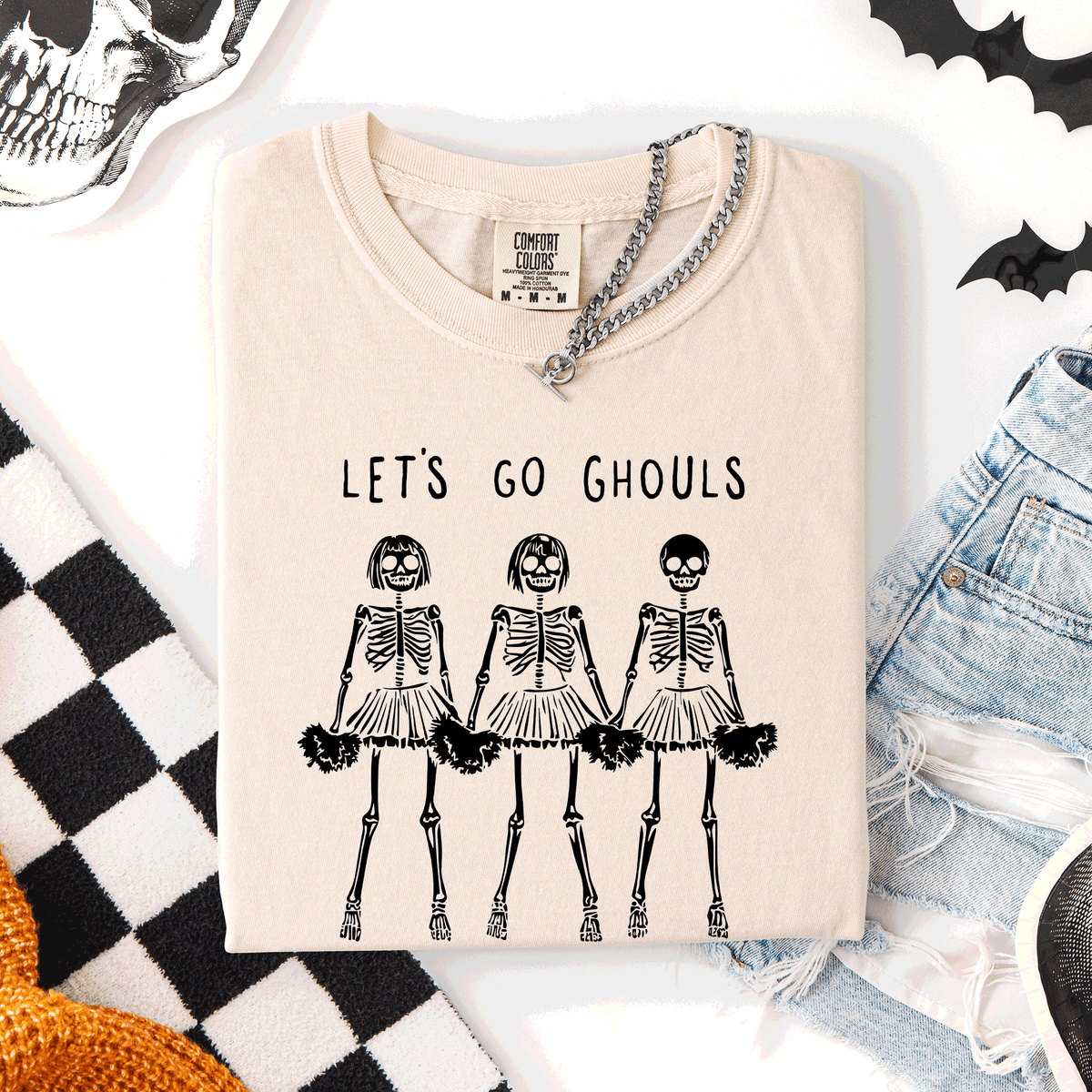 Let's Go Ghouls Skeleton Cheerleaders Spooky Halloween Edition Classic Comfort Colors Tee