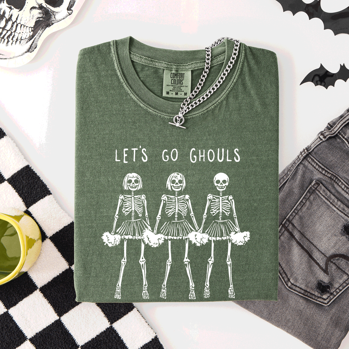 Let's Go Ghouls Skeleton Cheerleaders Spooky Halloween Edition Classic Comfort Colors Tee