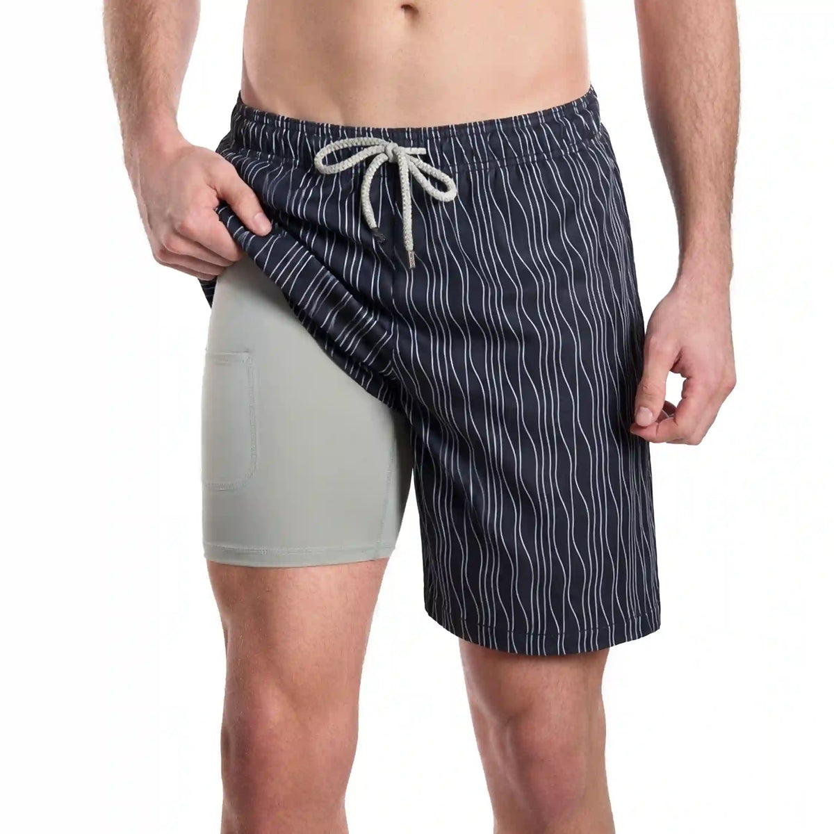Men’s Premium Compression-Lined Hybrid Shorts – Linear Drift-Storm and Fog