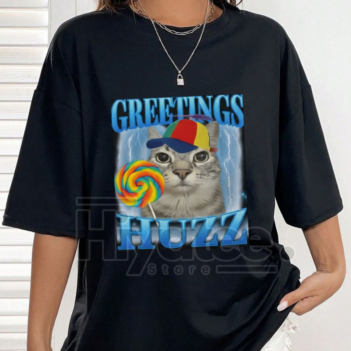 "Lollipop Cat Meme" Huzz Greetings T-Shirt – Funny Silly Brainrot Cat Tee