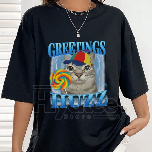 "Lollipop Cat Meme" Huzz Greetings T-Shirt – Funny Silly Brainrot Cat Tee