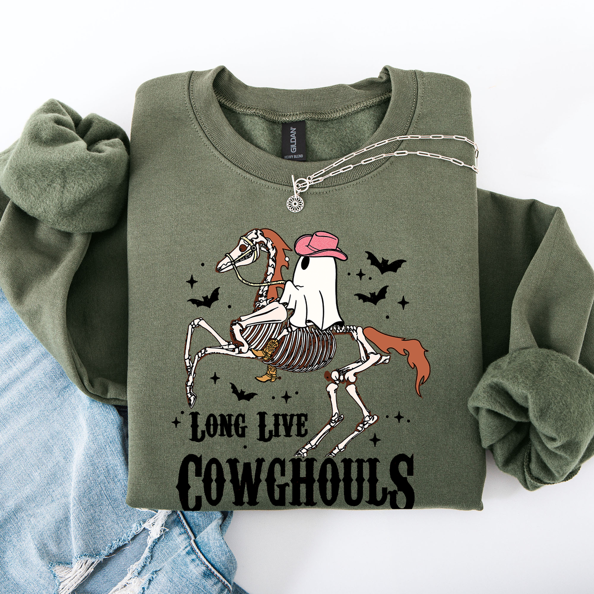 Long Live Cowghouls Skeleton Ghost Horse Halloween Western Inspired Graphic Sweatshirt