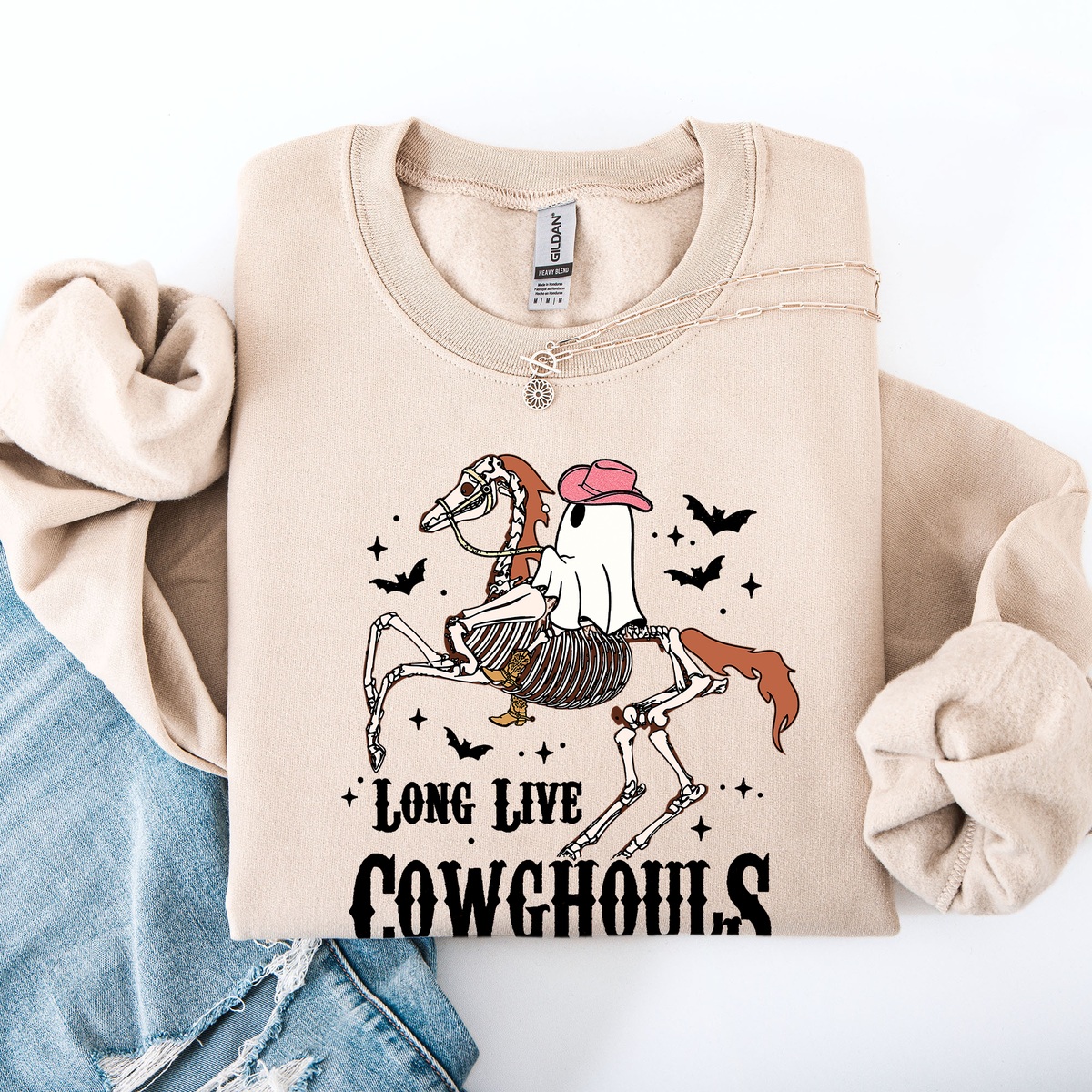 Long Live Cowghouls Skeleton Ghost Horse Halloween Western Inspired Graphic Sweatshirt