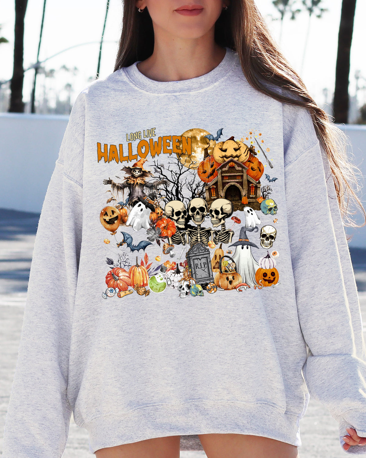 Long Live Halloween Spooky Scene Witch Skeleton Ghost Haunted Classic Graphic Sweatshirt