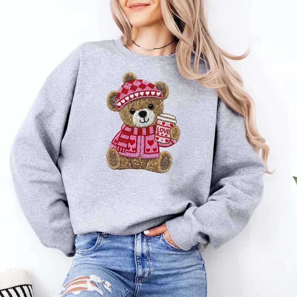 Love Coffee Teddy Valentine Sweatshirt – Furry Look 3D Print Sweater