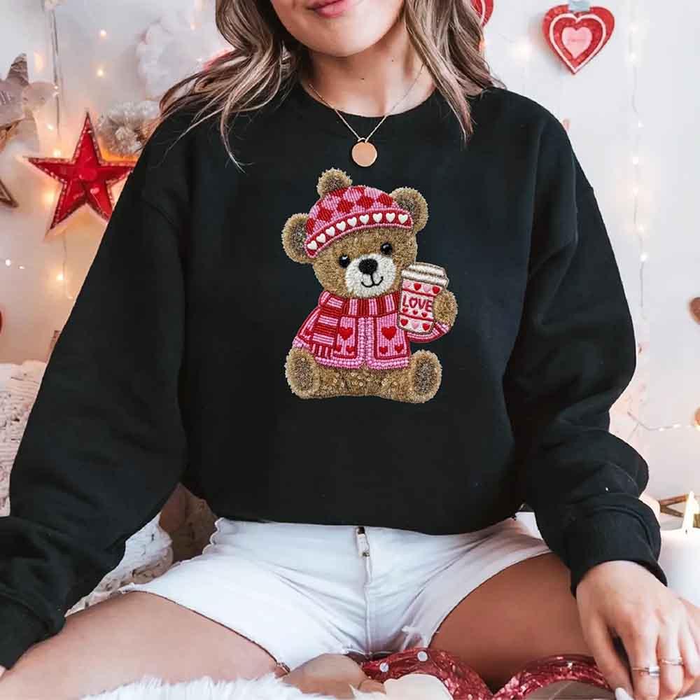 Love Coffee Teddy Valentine Sweatshirt – Furry Look 3D Print Sweater