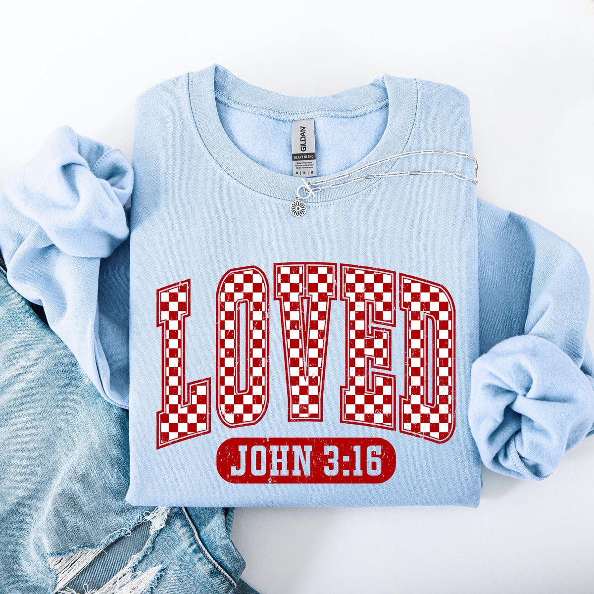 Loved John 3:16 Checkered Cozy Valentine Love Christian Faith Scripture Sweatshirt