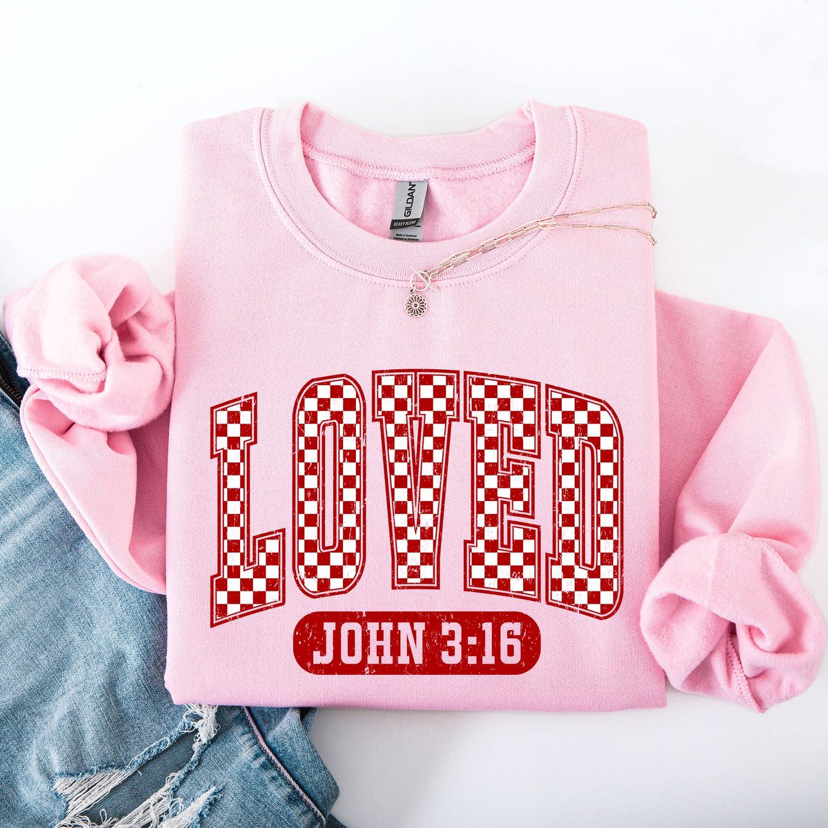 Loved John 3:16 Checkered Cozy Valentine Love Christian Faith Scripture Sweatshirt