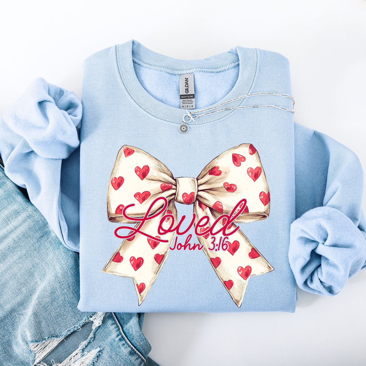 Loved John 3:16 Valentine's Day Hearts Ribbon Bow Christian Faith Bible Verse Inspired Sweatshirt