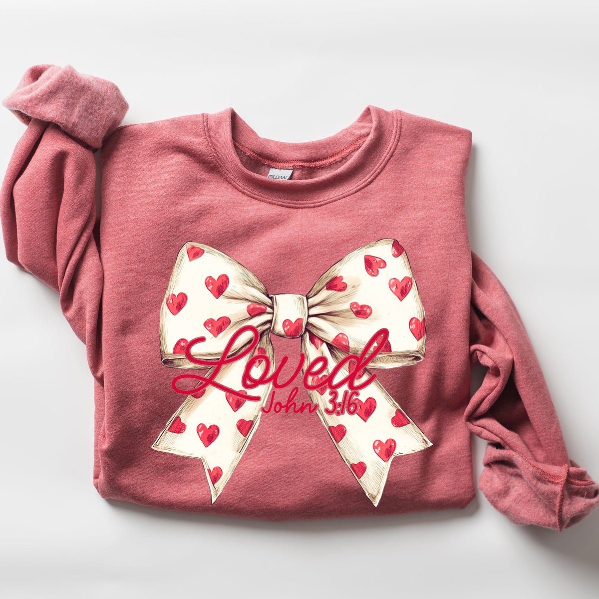 Loved John 3:16 Valentine's Day Hearts Ribbon Bow Christian Faith Bible Verse Inspired Sweatshirt