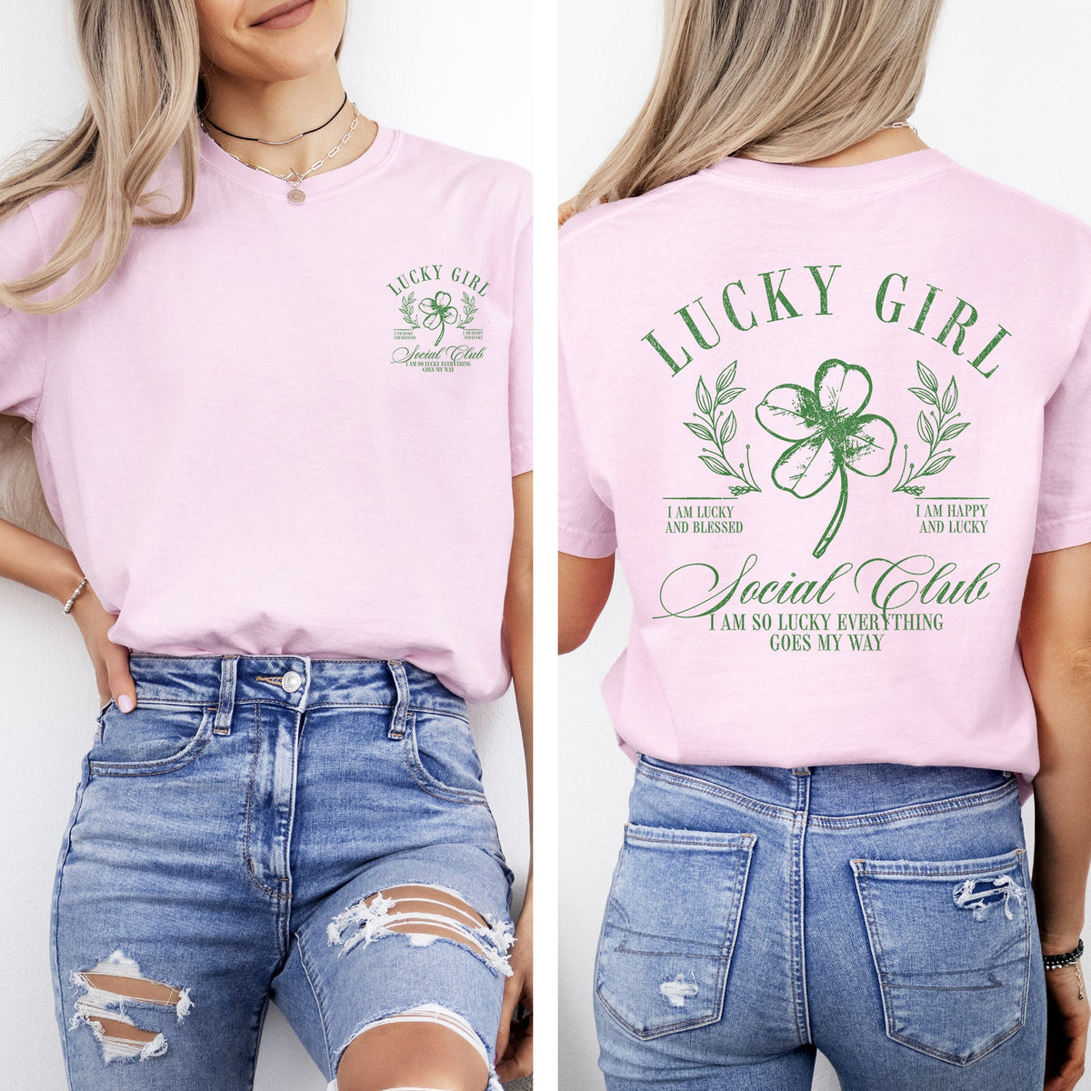 Lucky Girl Social Club St Patrick's Day Shamrock Clover Leprechaun Comfort Colors Tee
