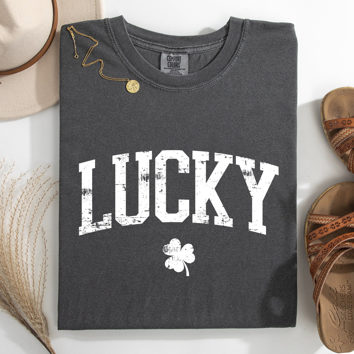 Lucky Leprechaun Shamrock Clover St Patrick's Day Collegiate Varsity Comfort Colors Tee