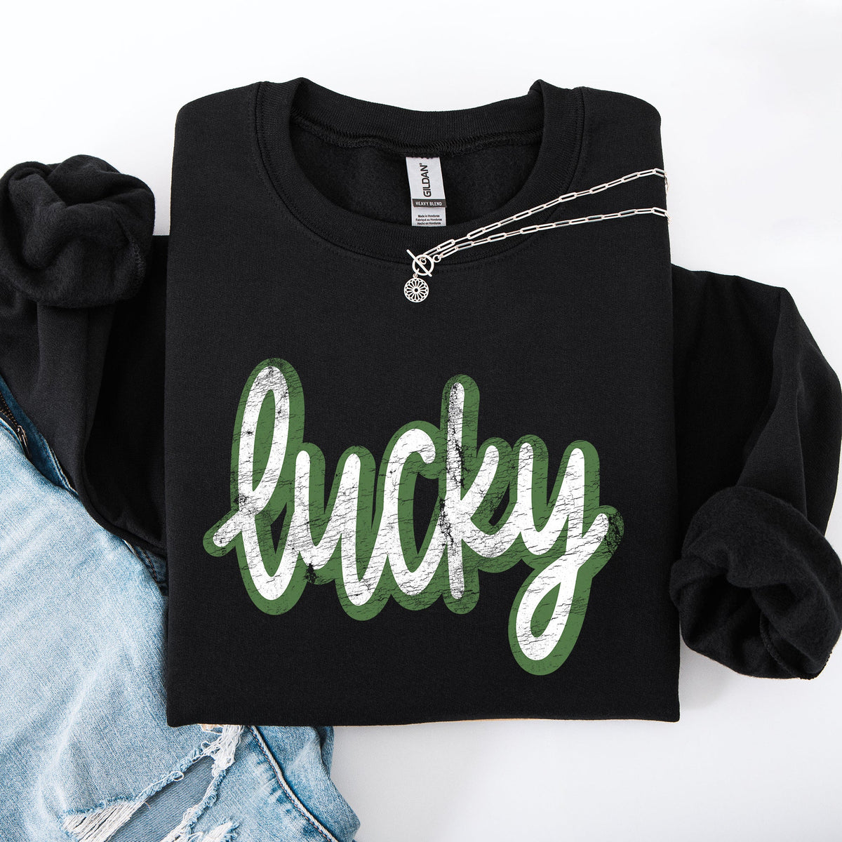 Lucky Cursive Vintage St Patrick's Day Shamrock Clover Leprechaun Graphic Sweatshirt