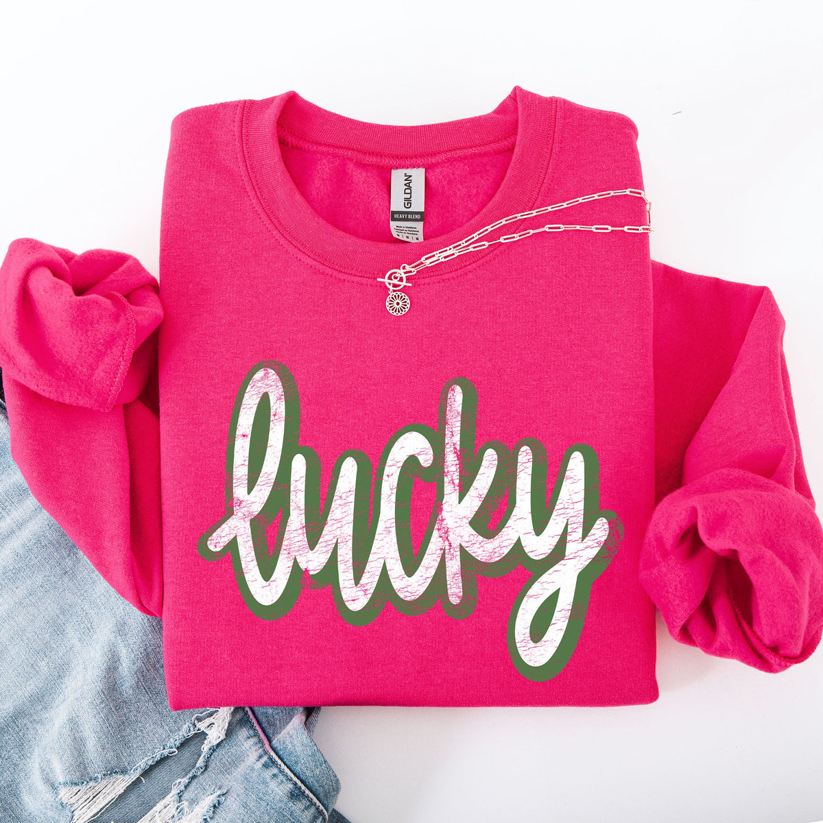 Lucky Cursive Vintage St Patrick's Day Shamrock Clover Leprechaun Graphic Sweatshirt