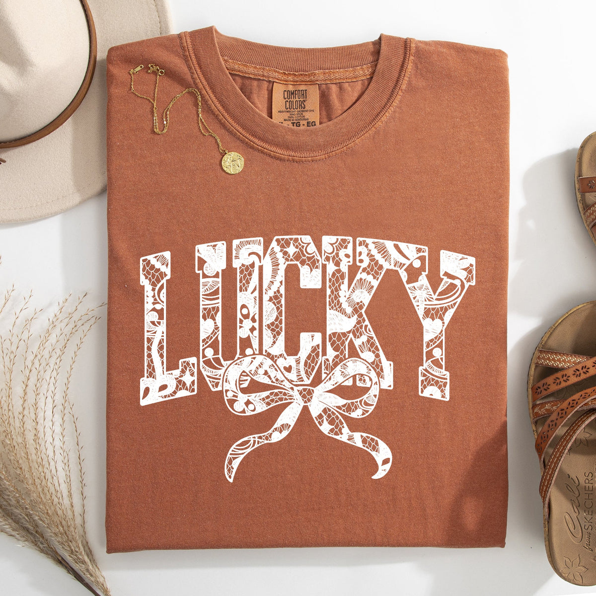 Lucky Lace Coquette Ribbon St Patrick's Day Shamrock Clover Leprechaun Comfort Colors Tee