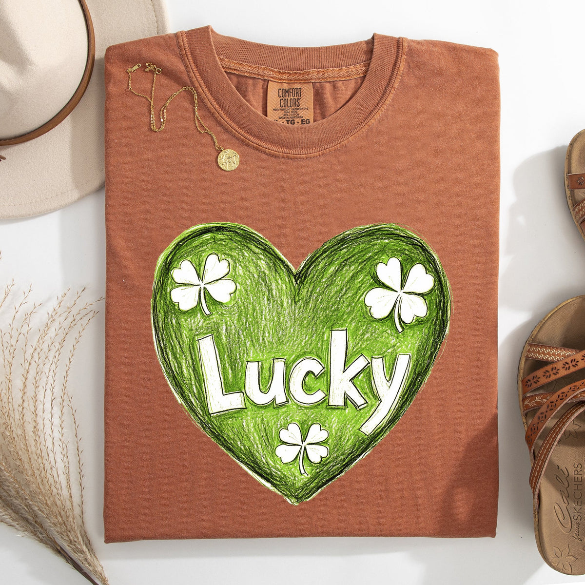 Lucky Sketched Heart St Patrick's Day Shamrock Clover Leprechaun Comfort Colors Tee