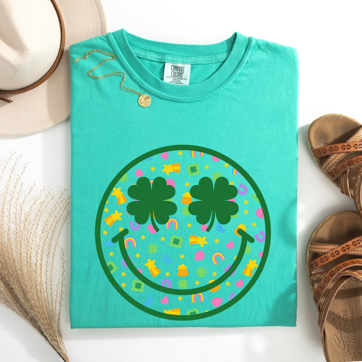 Lucky Smiley Retro Charms St Patrick's Day Shamrock Clover Leprechaun Comfort Colors Tee