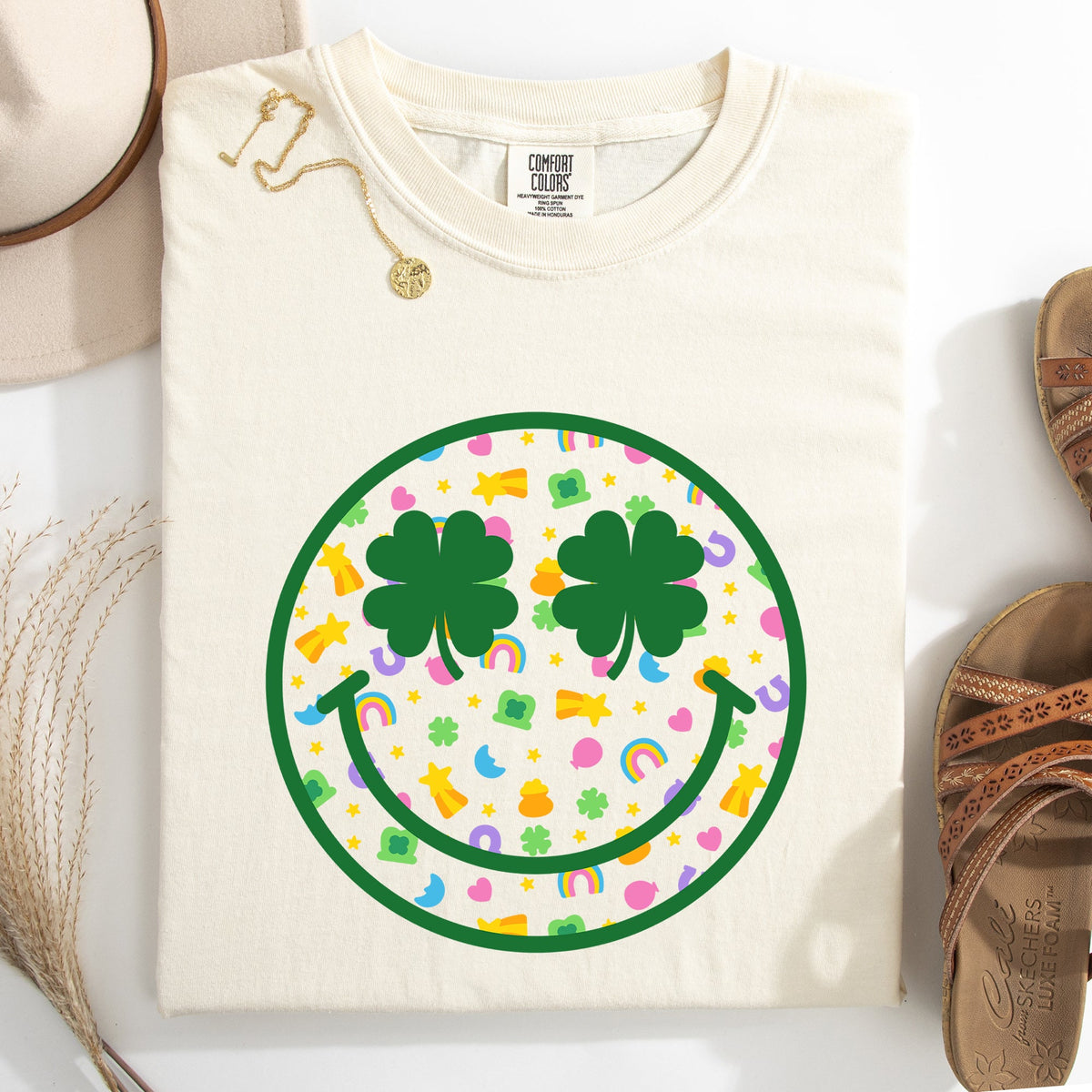 Lucky Smiley Retro Charms St Patrick's Day Shamrock Clover Leprechaun Comfort Colors Tee