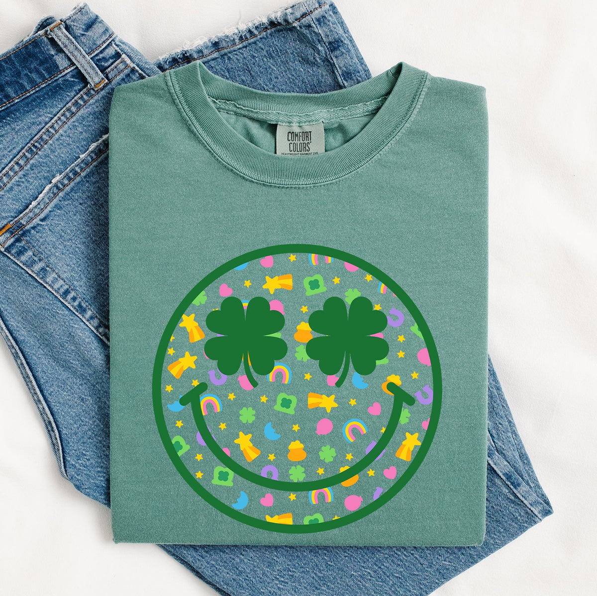 Lucky Smiley Retro Charms St Patrick's Day Shamrock Clover Leprechaun Comfort Colors Tee