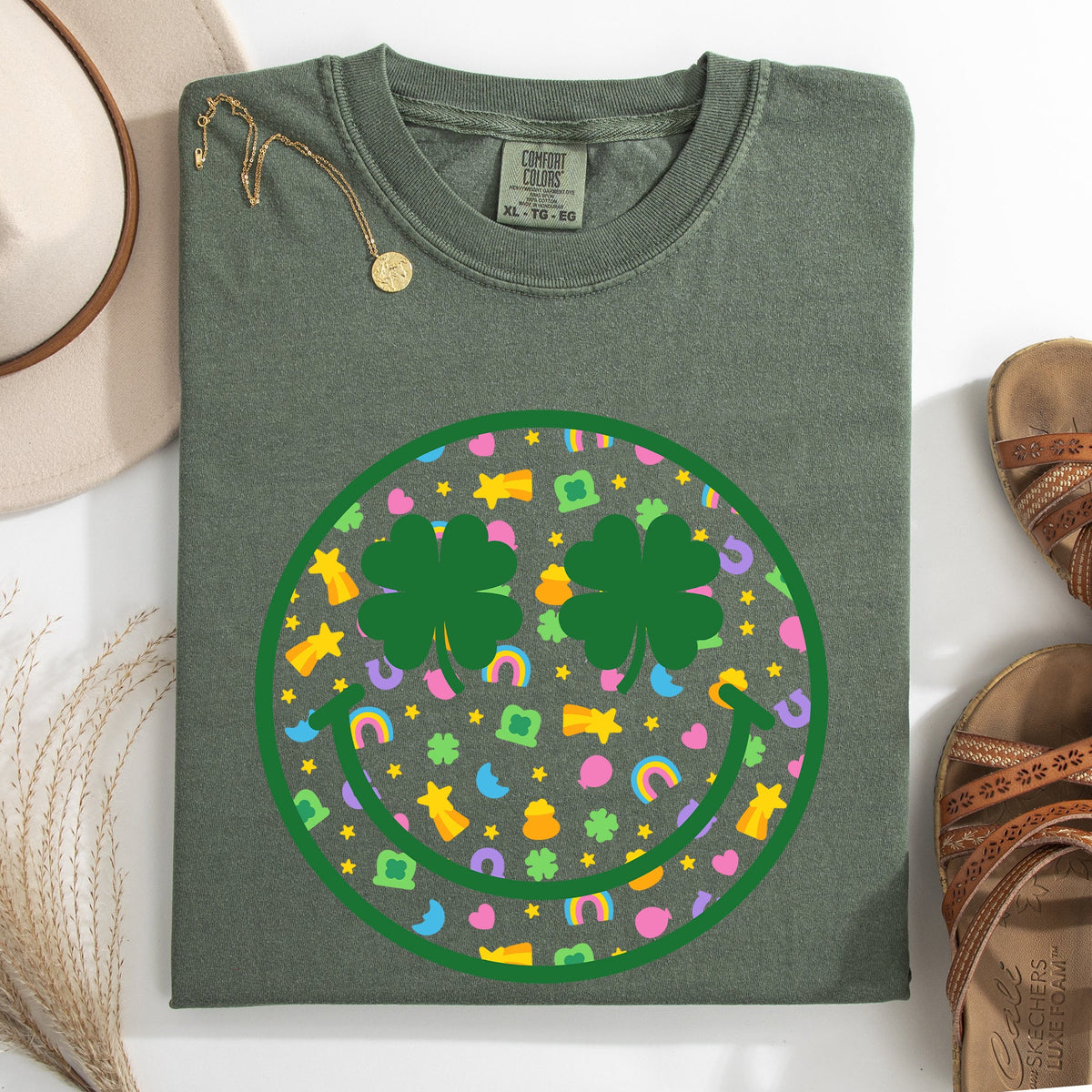 Lucky Smiley Retro Charms St Patrick's Day Shamrock Clover Leprechaun Comfort Colors Tee