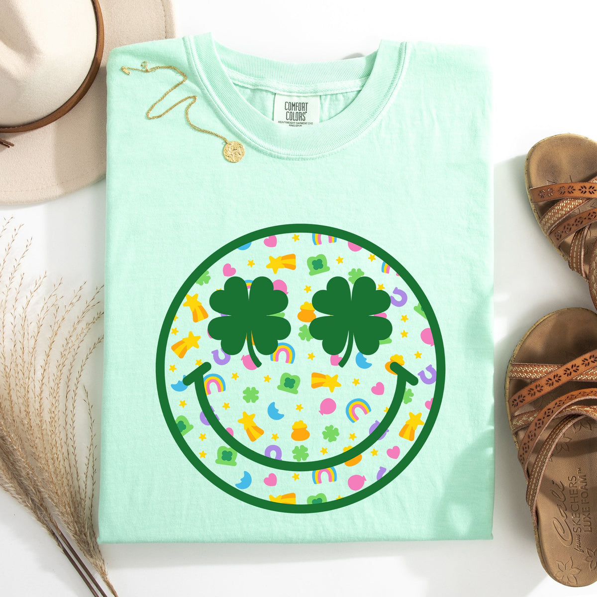Lucky Smiley Retro Charms St Patrick's Day Shamrock Clover Leprechaun Comfort Colors Tee