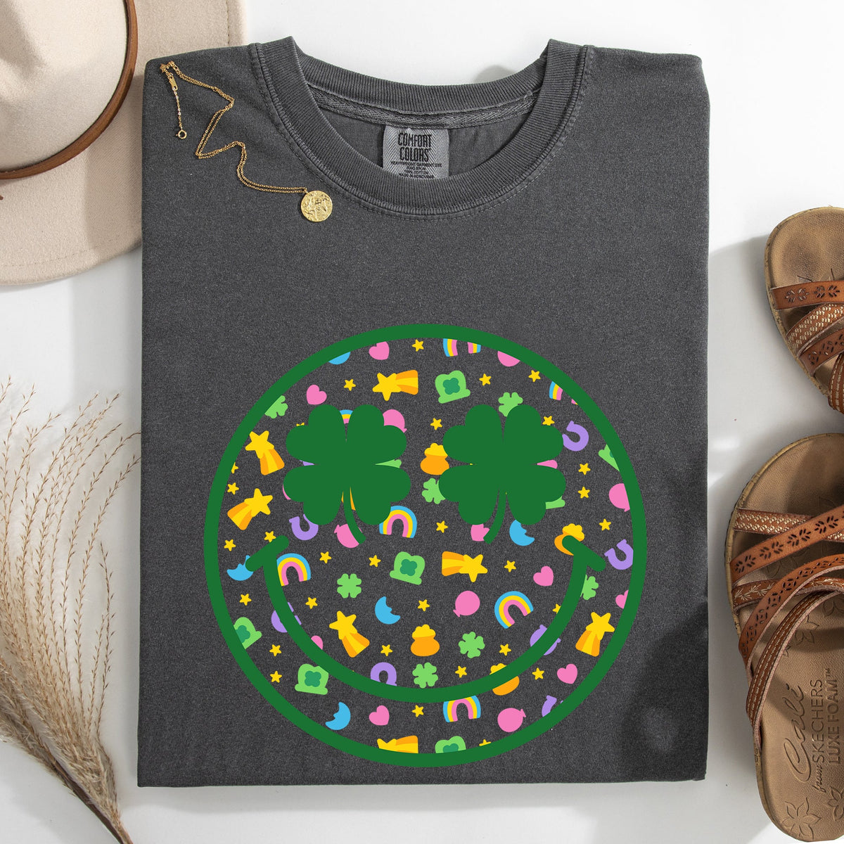 Lucky Smiley Retro Charms St Patrick's Day Shamrock Clover Leprechaun Comfort Colors Tee