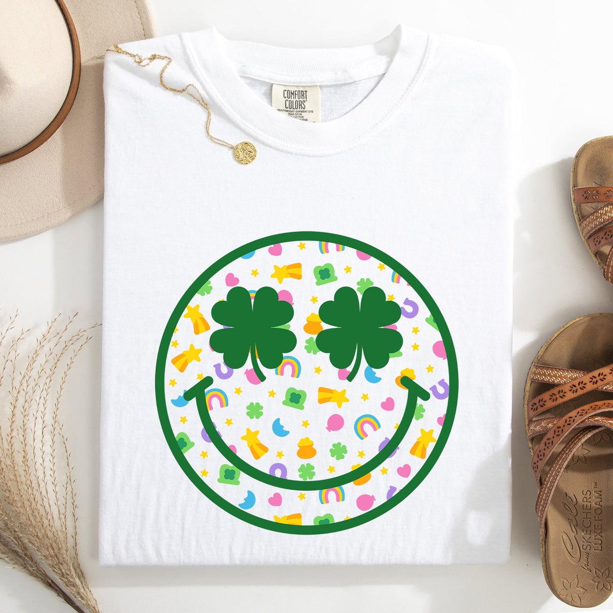 Lucky Smiley Retro Charms St Patrick's Day Shamrock Clover Leprechaun Comfort Colors Tee