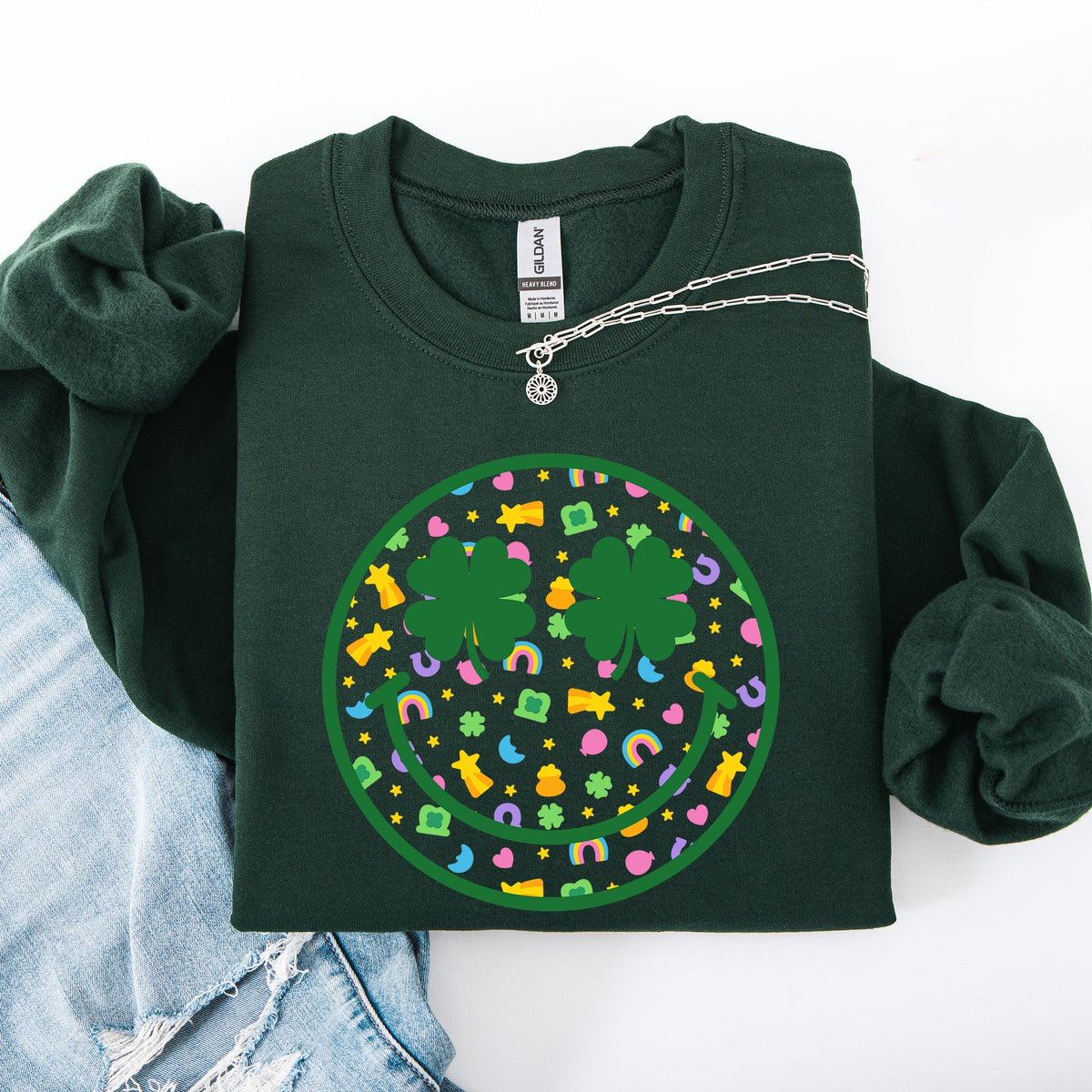 Lucky Smiley Retro Charms St Patrick's Day Shamrock Clover Leprechaun Sweatshirt
